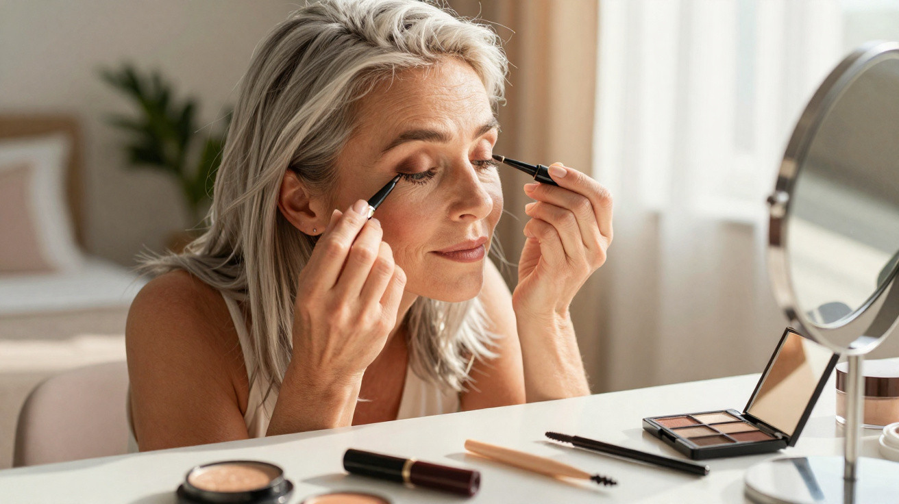 Ältere Frau trägt Eyeliner auf, sitzt am Schminktisch mit Make-up und Spiegel in einem hellen Raum.