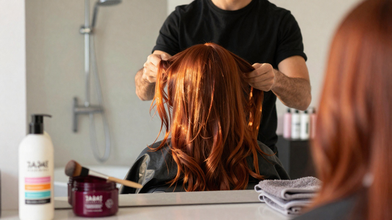 Friseurtätigkeit: Person mit langen roten Haaren sitzt vor Spiegel, Friseur stylt die Haare.