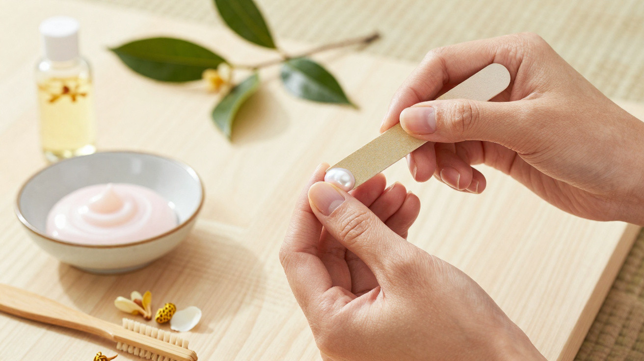 Hände feilen eine Perle mit Nagelfeile, davor Schüssel mit Creme und Fläschchen mit Öl auf hellem Holz.