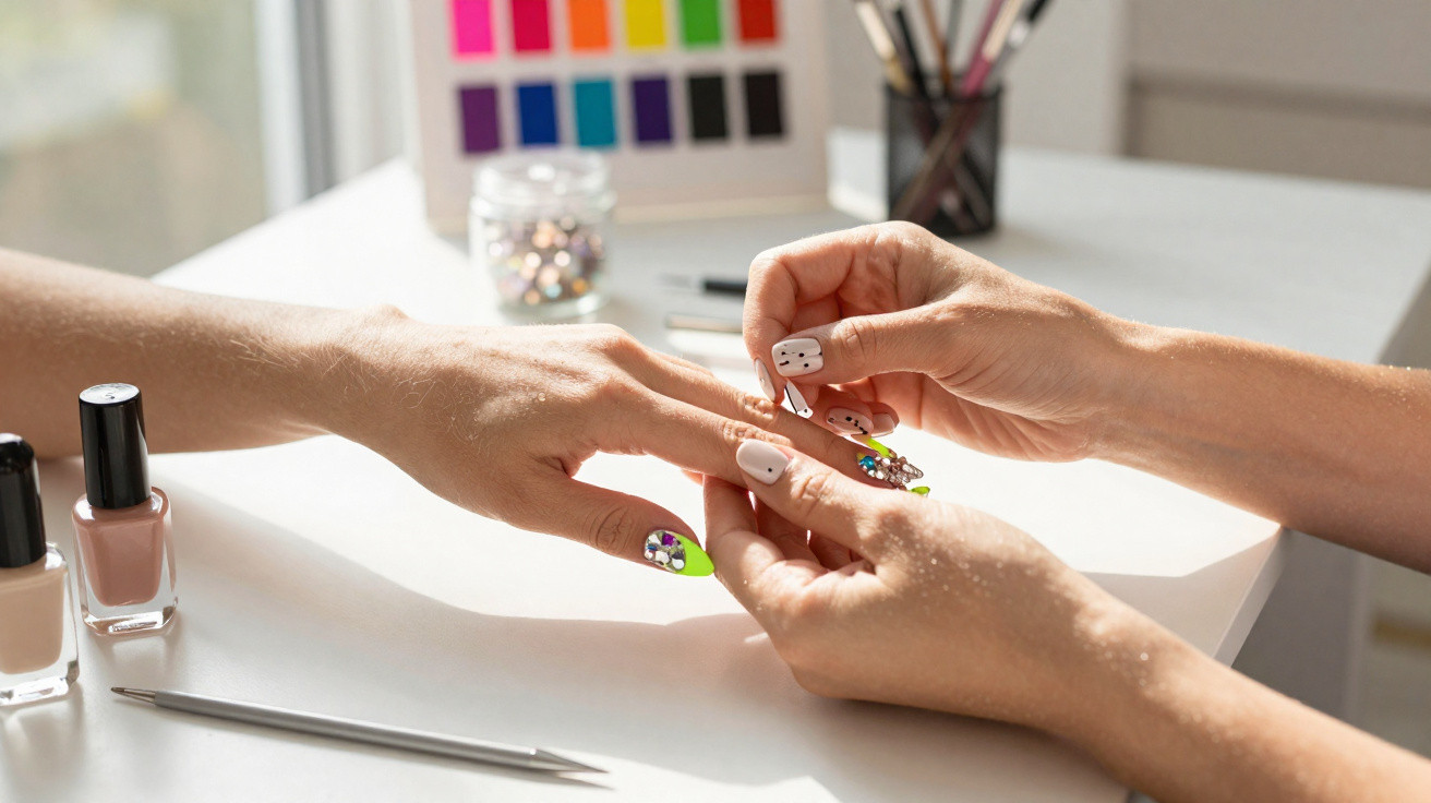 Maniküre mit kreativen bunten Nageldesigns und Nagellackflaschen auf weißem Tisch.