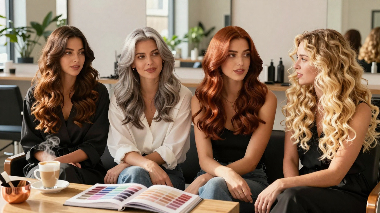 Vier Frauen mit verschiedenen Haarfarben sitzen im Friseursalon und betrachten eine Farbpalette.