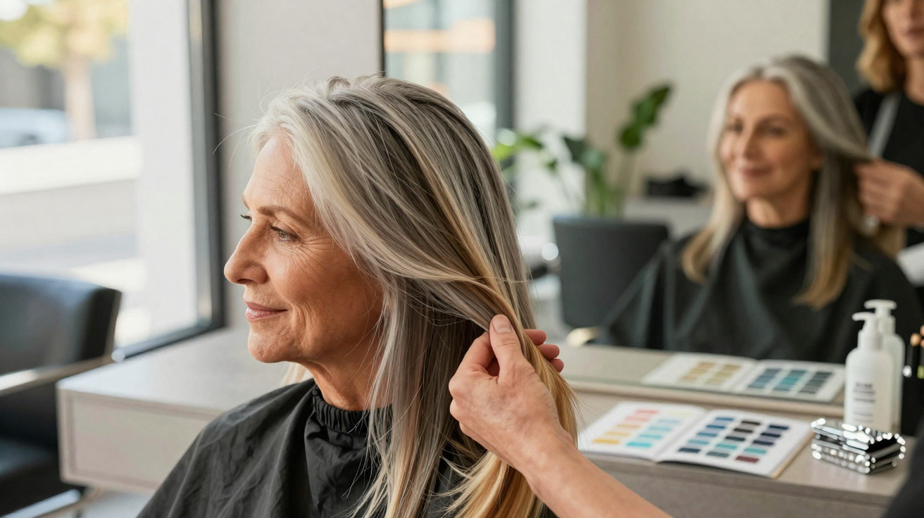 Ältere Frau beim Friseur, die sich im Spiegel betrachtet, während ihre Haare gestylt werden.