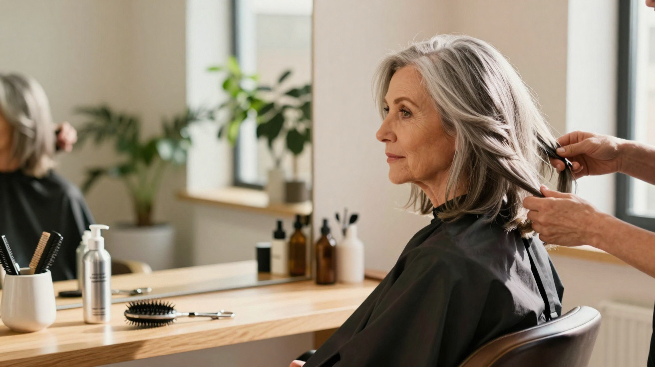 Ältere Frau sitzt im Friseursalon, während Friseur ihre grauen Haare schneidet, Spiegel im Hintergrund.