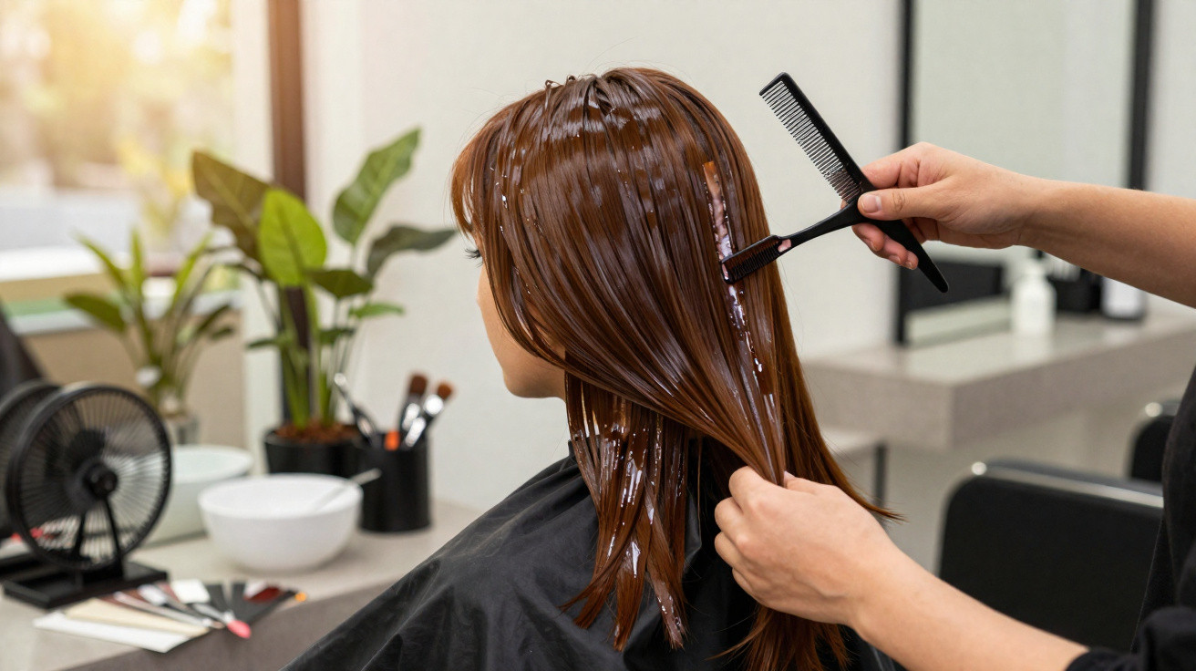 Person erhält eine Haarkurbehandlung im Friseursalon, Haar wird mit einem Kamm gepflegt.