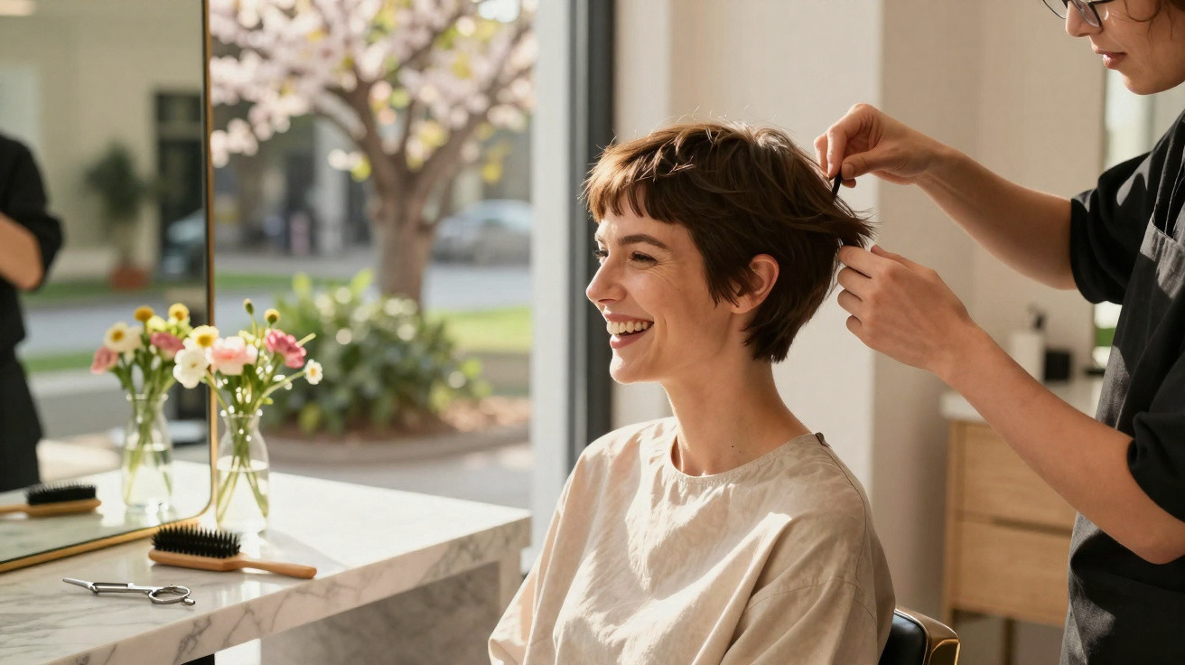 Fröhliche Frau bekommt Kurzhaarschnitt in modernem Friseursalon mit Blumen auf dem Tisch.