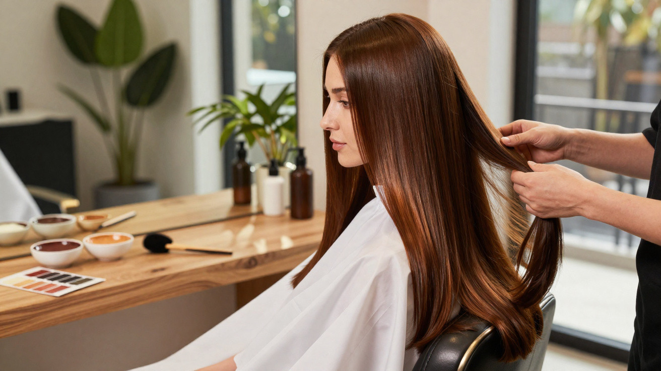 Frau mit langem braunem Haar sitzt im Friseursalon, während Friseur ihr Haar hält und begutachtet.