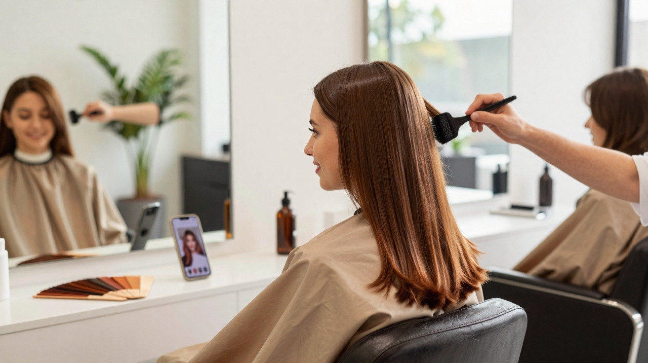 Frau sitzt im Friseursalon, Stylist trägt Farbe mit Pinsel auf ihr braunes, glattes Haar auf.