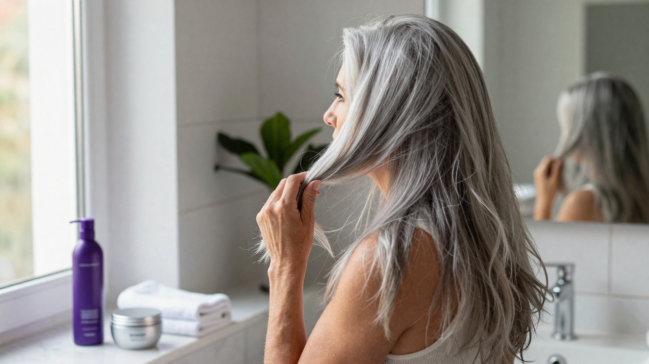 Ältere Frau mit langen grauen Haaren steht im Badezimmer und betrachtet ihr Haar vor dem Fenster.