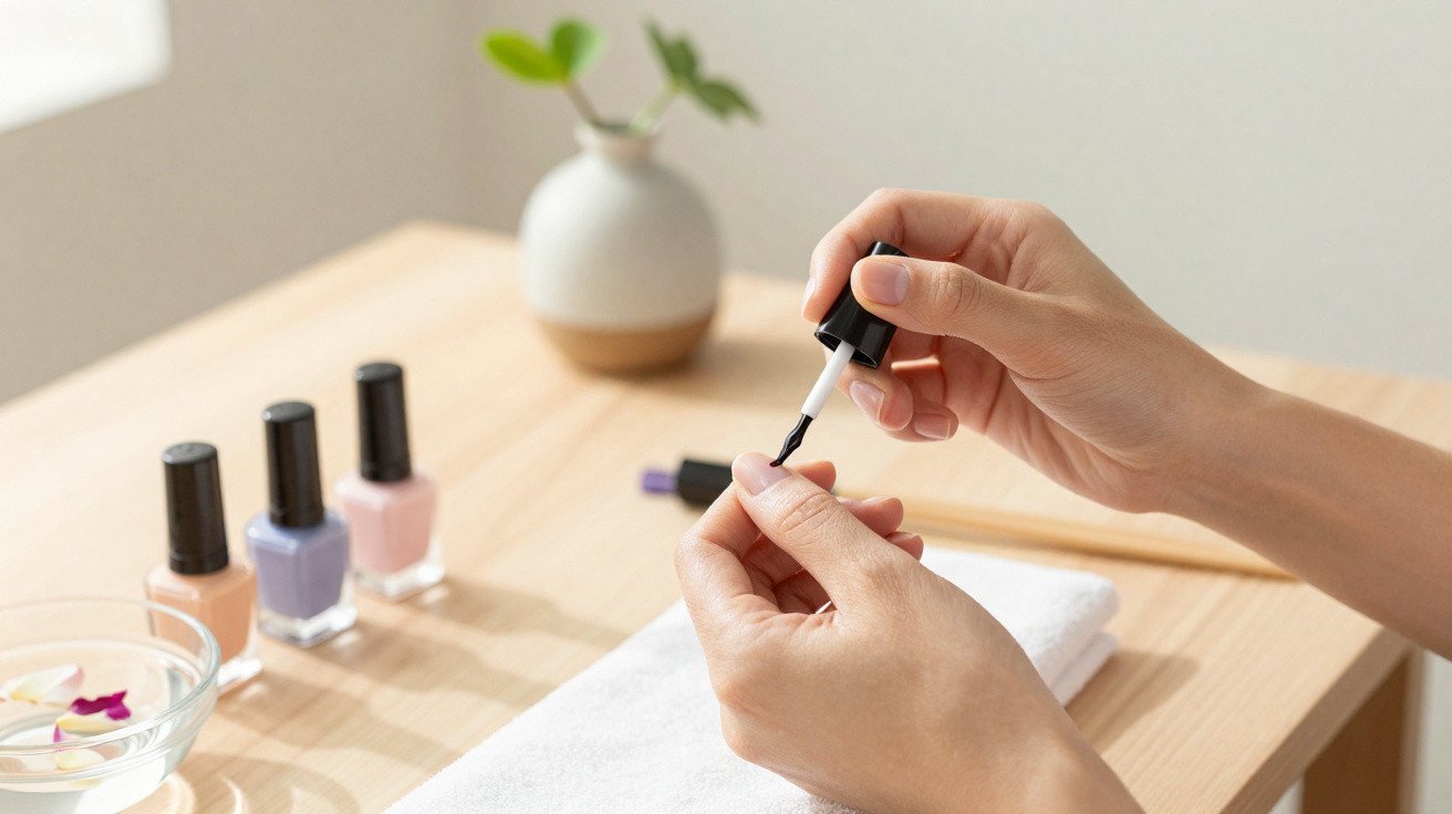 Person trägt durchsichtiges Nagellack auf einem Fingernagel auf, daneben Farblacke und kleine Vase auf Tisch