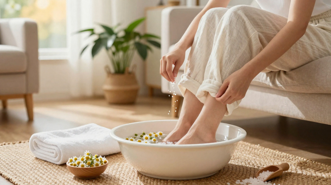 Frau spricht mit einer Fußbadewanne mit Kamillenblüten und Badesalz in einem gemütlichen Raum.