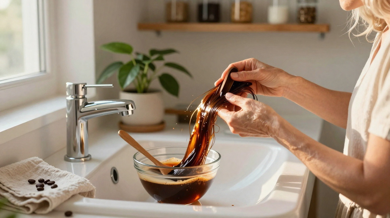 Frau spült Kaffeefilter im Waschbecken mit fließendem Wasser in einer hellen Küche.
