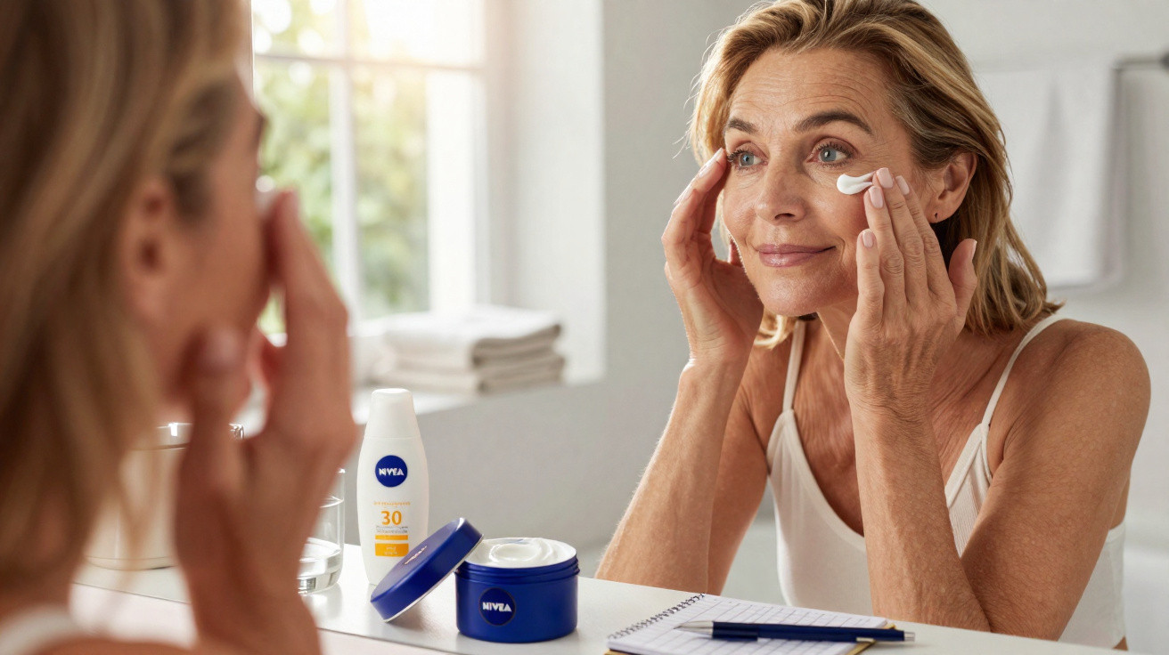 Frau trägt Gesichtspflegecreme im Badezimmer vor Spiegel auf, Nivea-Produkte auf Waschbecken.