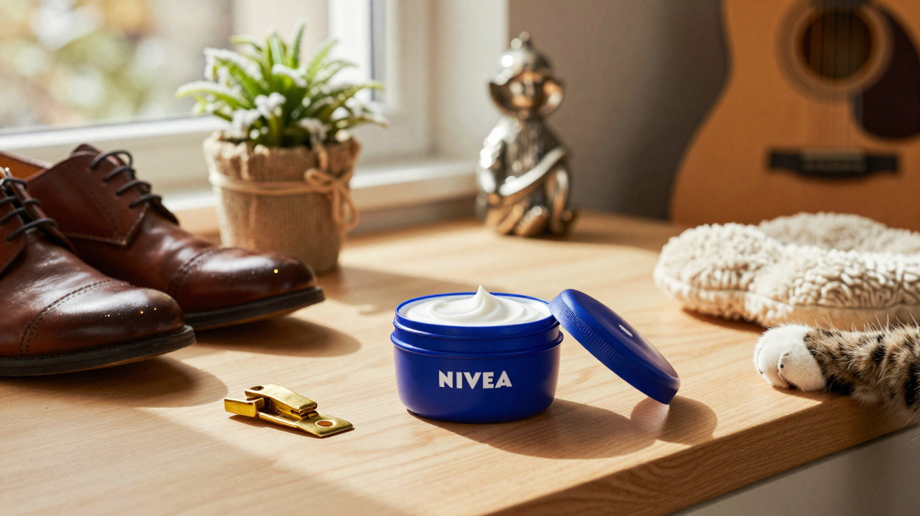Blauer Nivea Cremetiegel mit offenem Deckel auf Holztisch neben Lederschuhen und Katzenpfote.