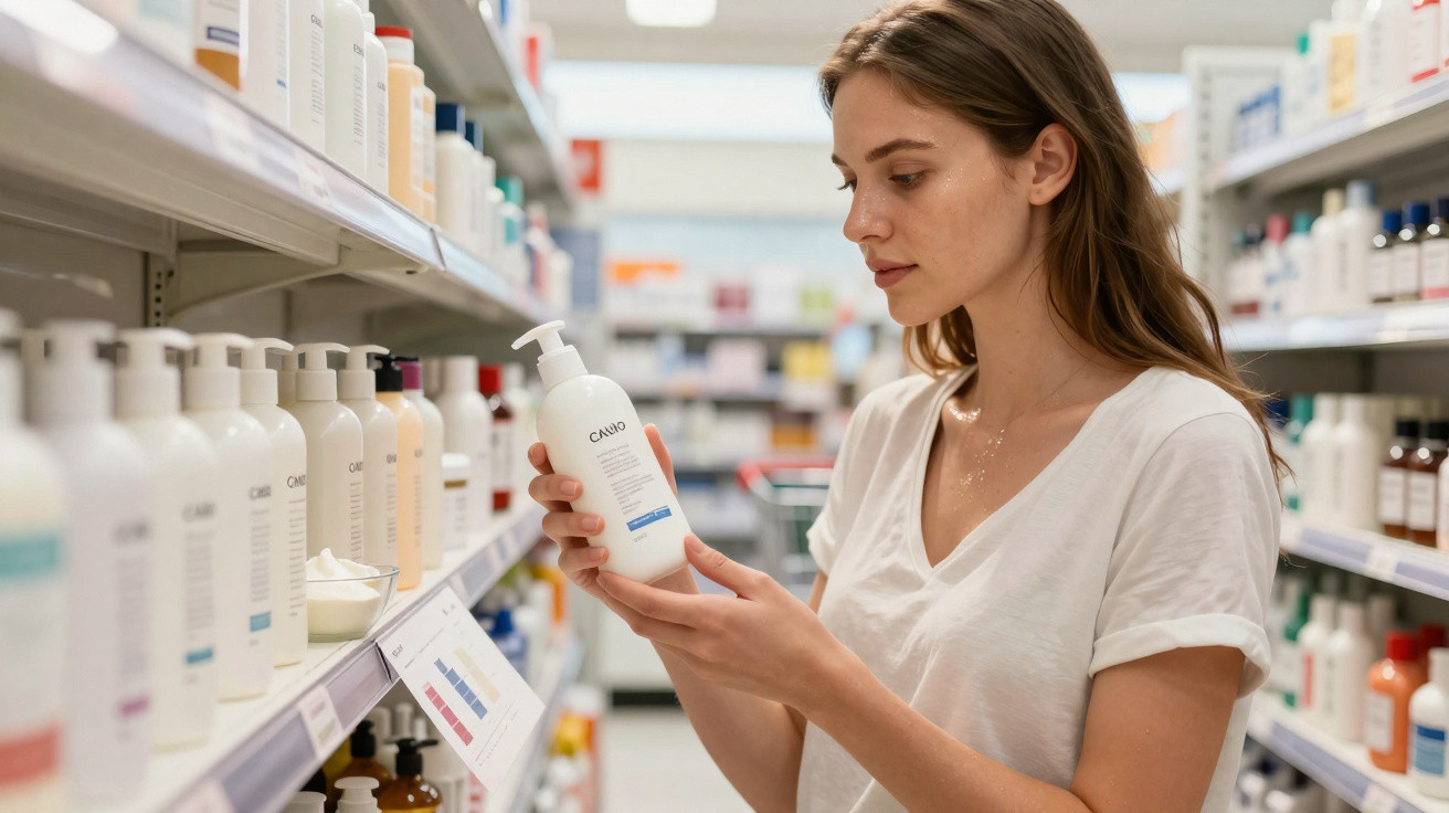 Frau im weißen T-Shirt liest Etikett einer Lotion in Drogerie zwischen Regalreihen mit Pflegeprodukten.