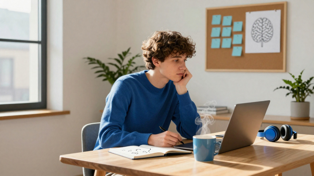 Junger Mann im blauen Pullover arbeitet konzentriert am Laptop mit Notizbuch und dampfender Tasse Kaffee.