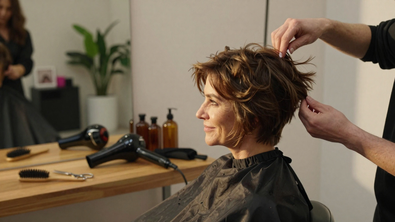 Frau mit kurzem Haar erhält Haarschnitt in einem hellen Friseursalon vor Spiegel.