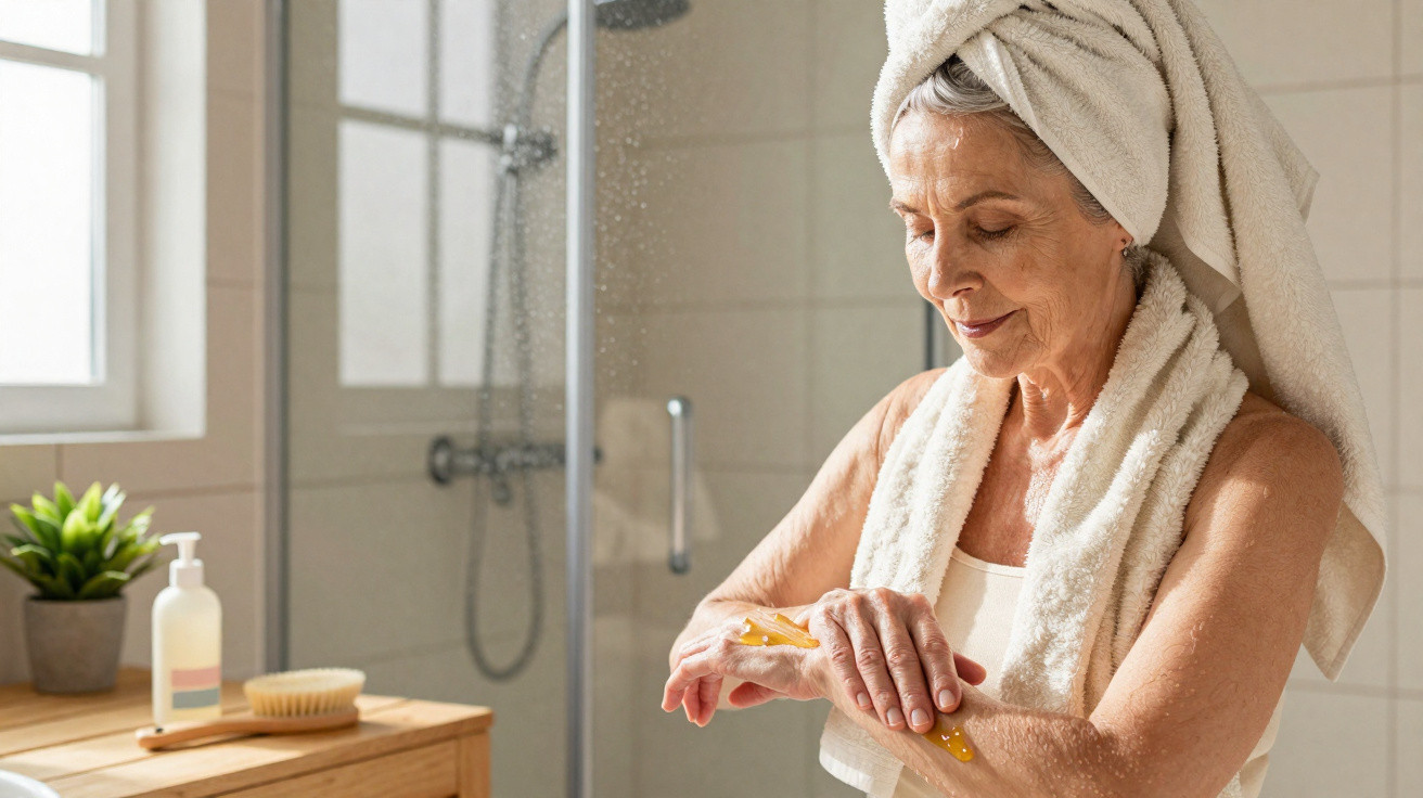 Ältere Frau mit Handtuch am Körper cremt sich im Badezimmer nach der Dusche ein.