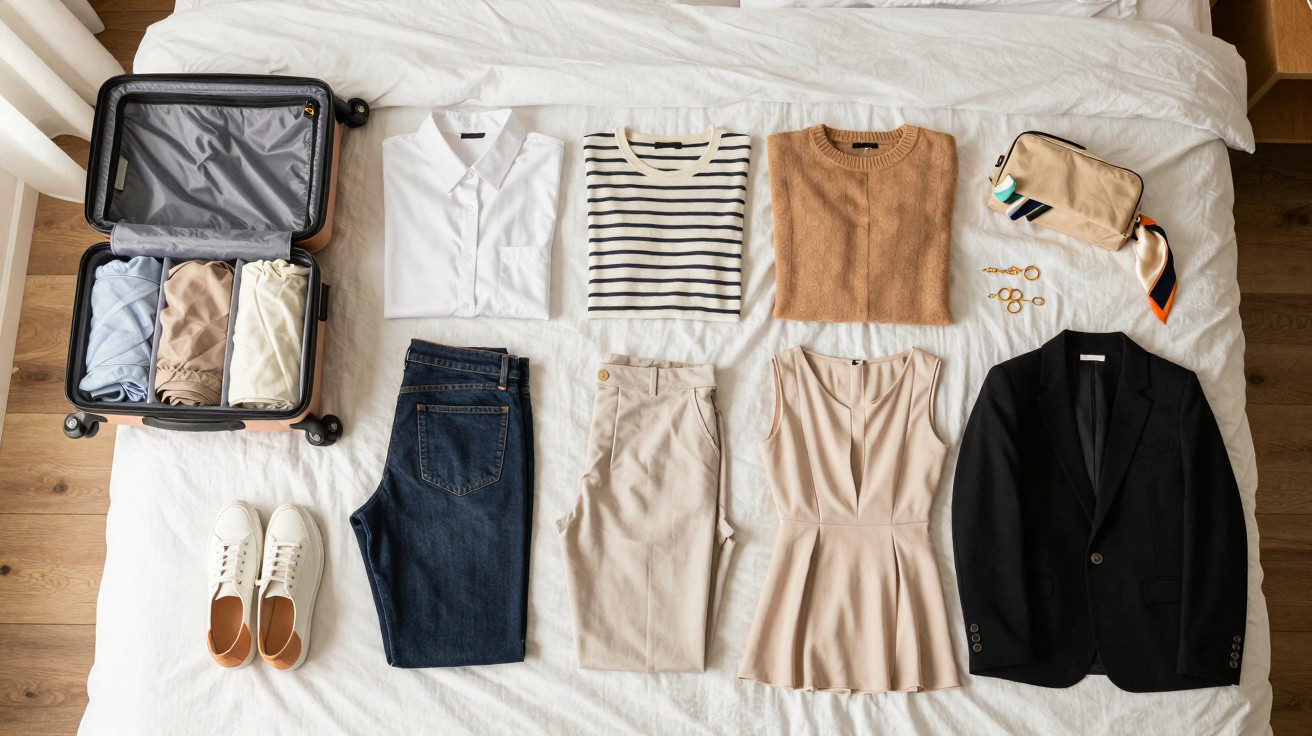 Auf einem Bett liegen sorgfältig gefaltete Kleidung, Schuhe, Schmuck und ein offener Reisekoffer.