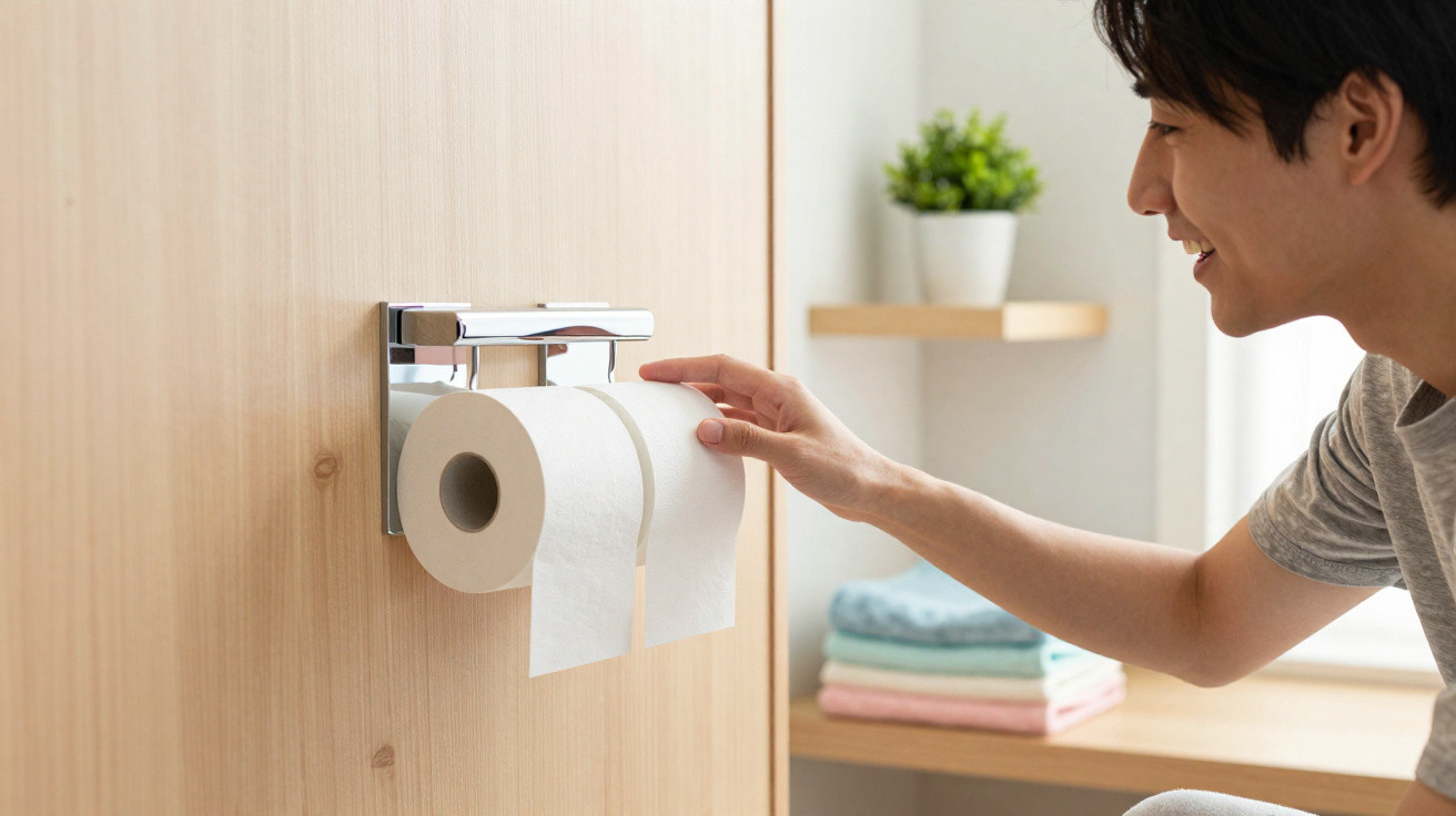 Mann greift nach Toilettenpapierrollenhalter mit zwei weißen Rollen in modernem Badezimmer.