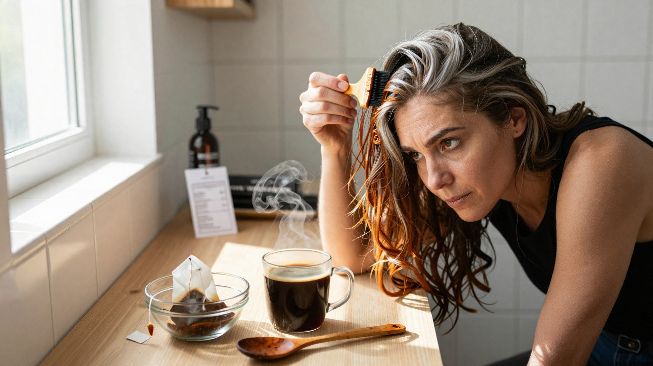 Frau kämmt ihre nassen Haare über einem Tisch mit dampfendem Kaffee und Tee im hellen Badezimmer.
