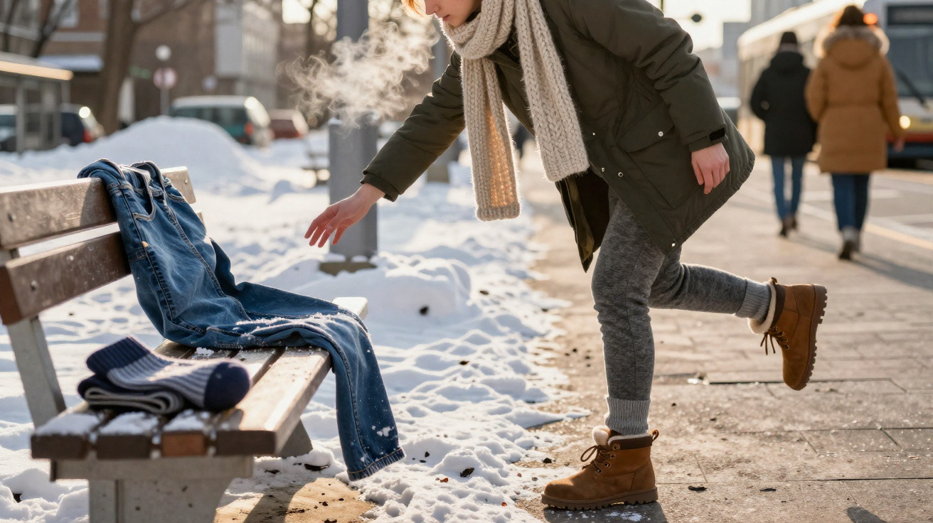 Frau in Winterkleidung wärmt die Hände am Dampf über einer Jeanshose auf einer Schneebank am Straßenrand.