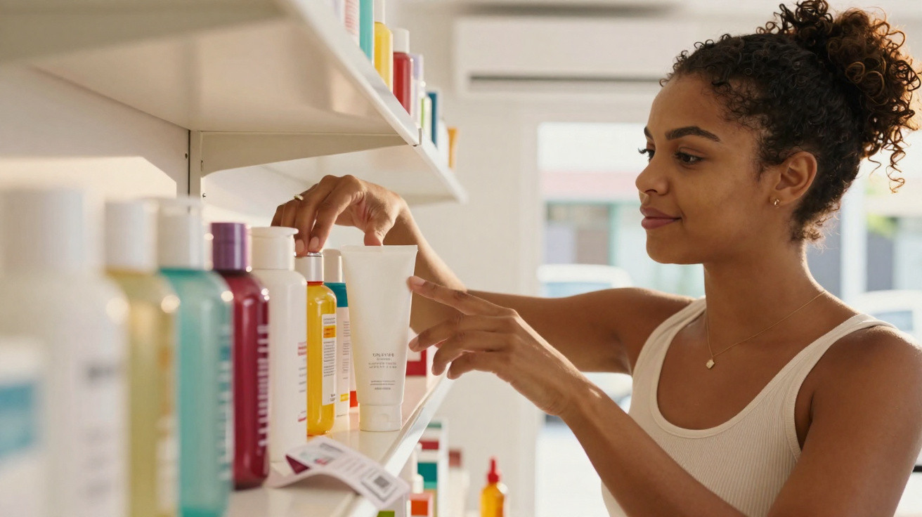 Junge Frau wählt ein Kosmetikprodukt aus einem Regal in einem Geschäft aus.