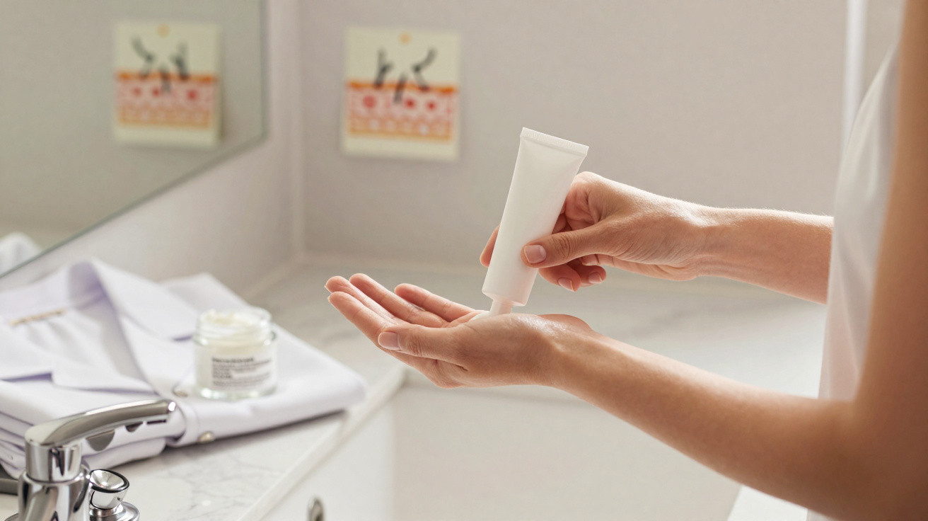 Frau trägt Handcreme aus weißer Tube auf die Hand auf, Bad mit Waschbecken und Pflegeprodukt im Hintergrund.