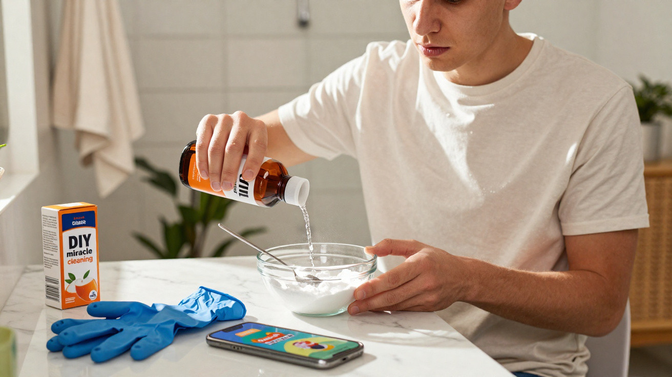 Junger Mann mischt Flüssigkeit in Schüssel mit DIY-Reinigungsmittel, Smartphone und Gummihandschuhen auf Tisch.