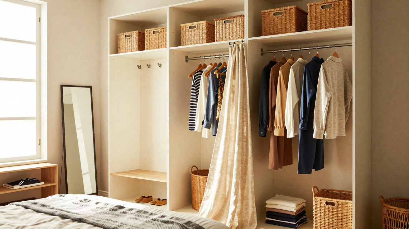 Heller, offener Kleiderschrank mit Kleidung, Körben und Spiegel im modernen Schlafzimmer.