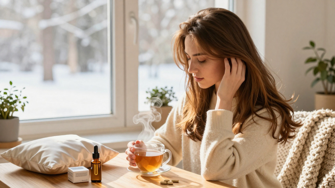 Frau sitzt am Tisch mit dampfendem Tee, Medikamenten und CBD-Öl vor einem Fenster mit Schnee draußen.