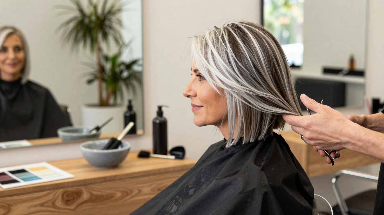 Frau mit kurzem, blond meliertem Haar bekommt Haarschnitt im Friseursalon vor Spiegel.