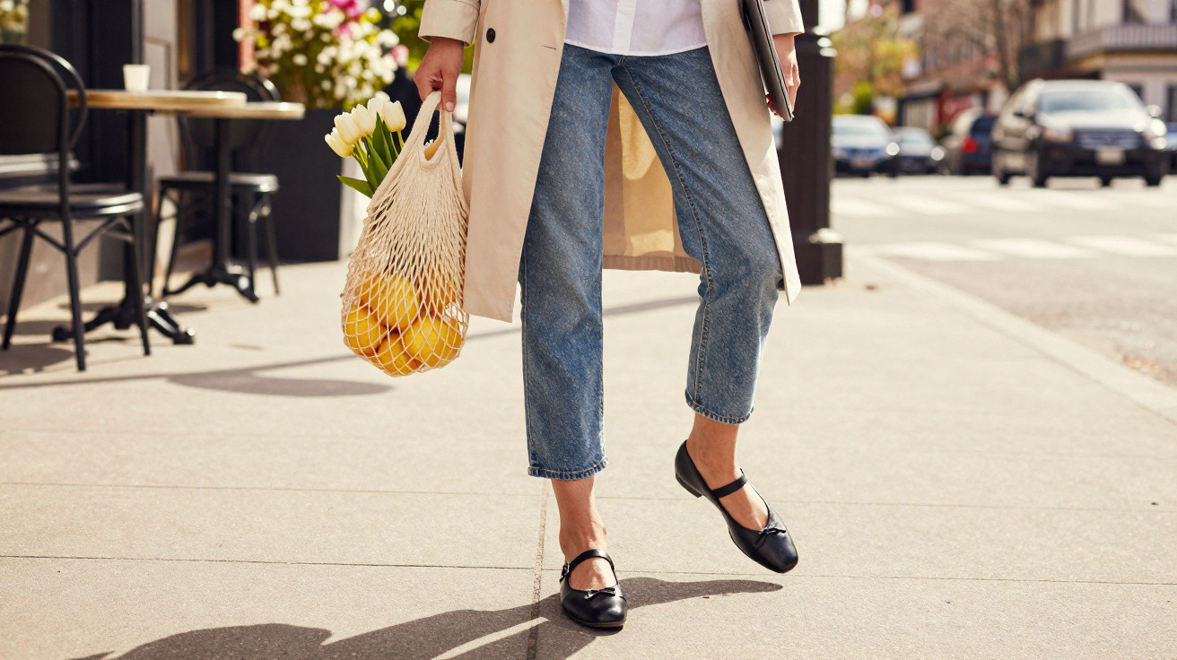 Frau in Trenchcoat und Jeans trägt Netztasche mit Tulpen und Orangen auf Gehweg in der Stadt.