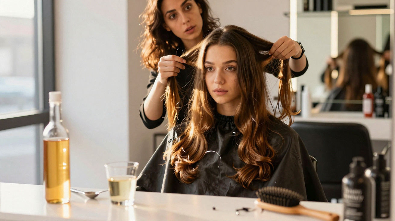 Friseurin kämmt lange, gewellte Haare einer jungen Frau im gemütlichen Friseursalon bei Tageslicht.
