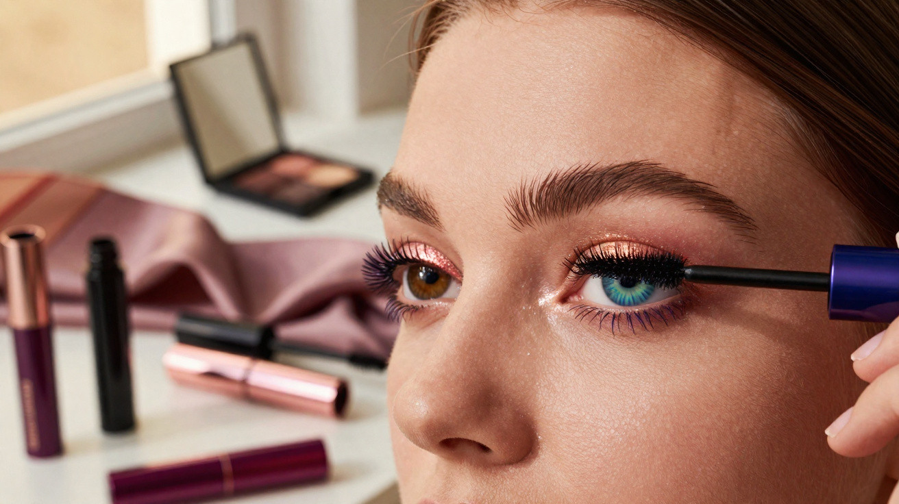 Frau trägt Wimperntusche auf, sichtbare Schminkprodukte auf Tisch im Hintergrund, Nahaufnahme Gesicht und Augen.