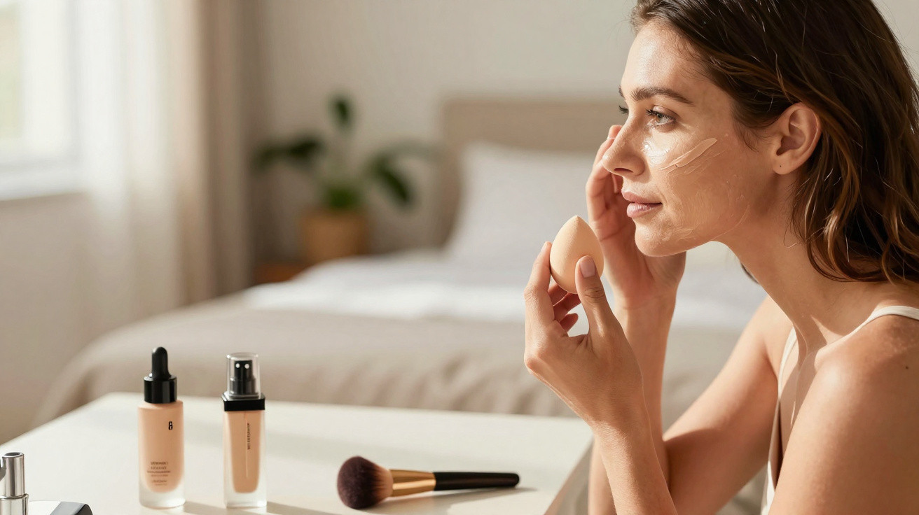 Frau trägt Make-up mit Schwamm auf, auf dem Tisch Makeup-Produkte und Pinsel, heller Raum mit Bett im Hintergrund.