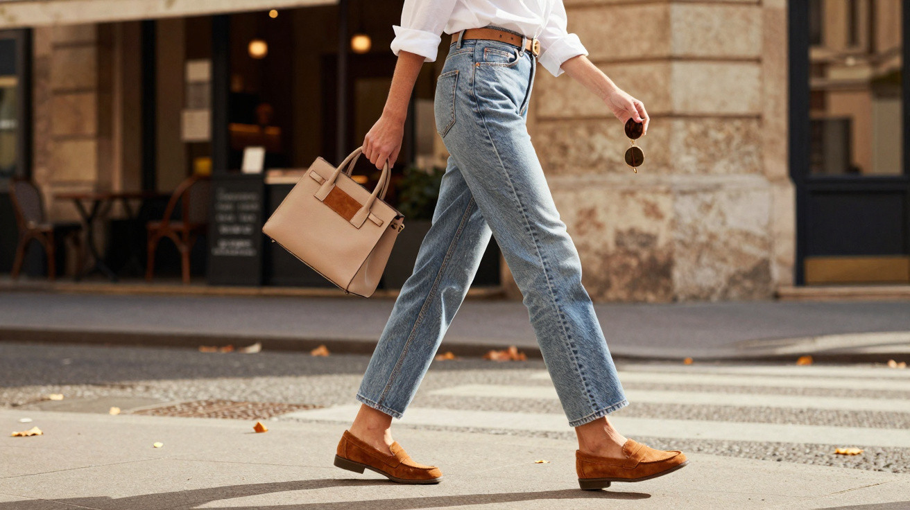 Frau trägt blaue Jeans, weiße Bluse, braune Schuhe, hält beige Handtasche und Sonnenbrille beim Überqueren der Straße.