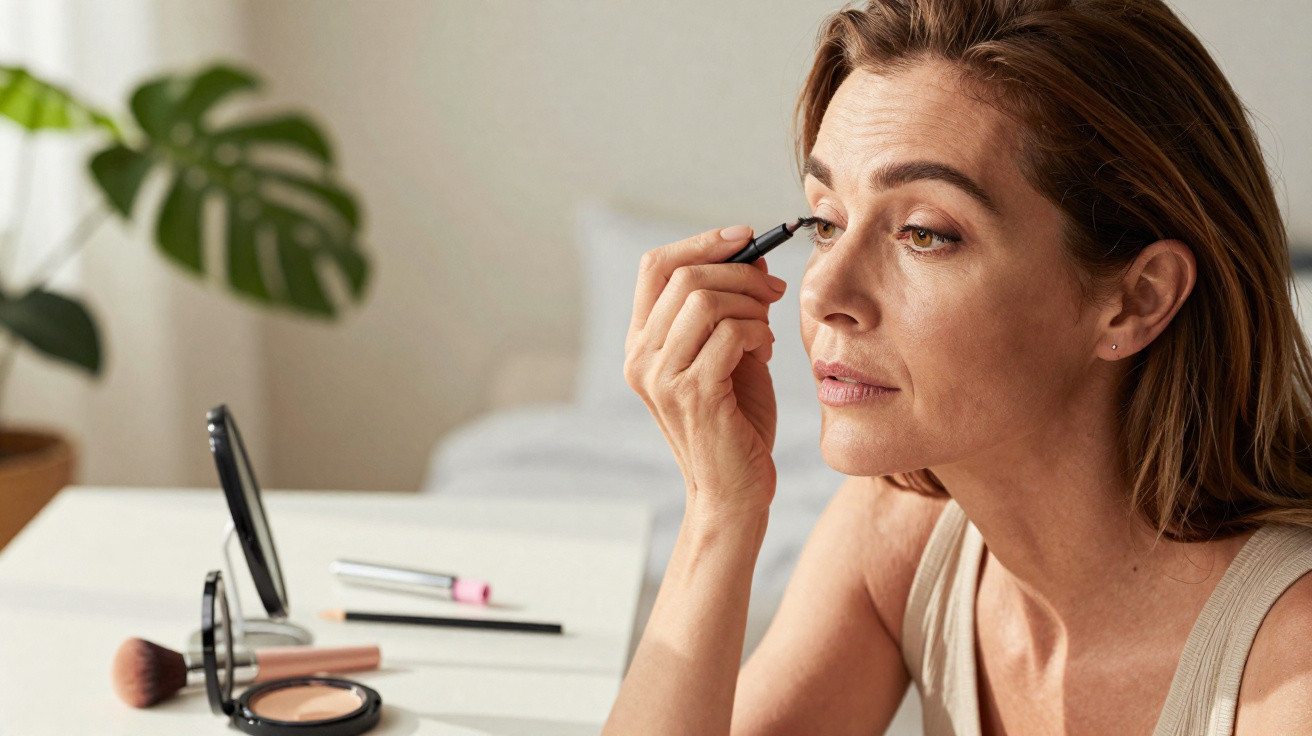 Frau trägt in hellem Raum mit Tageslicht Eyeliner auf, Make-up-Artikel liegen auf Tisch mit Blumendekor.
