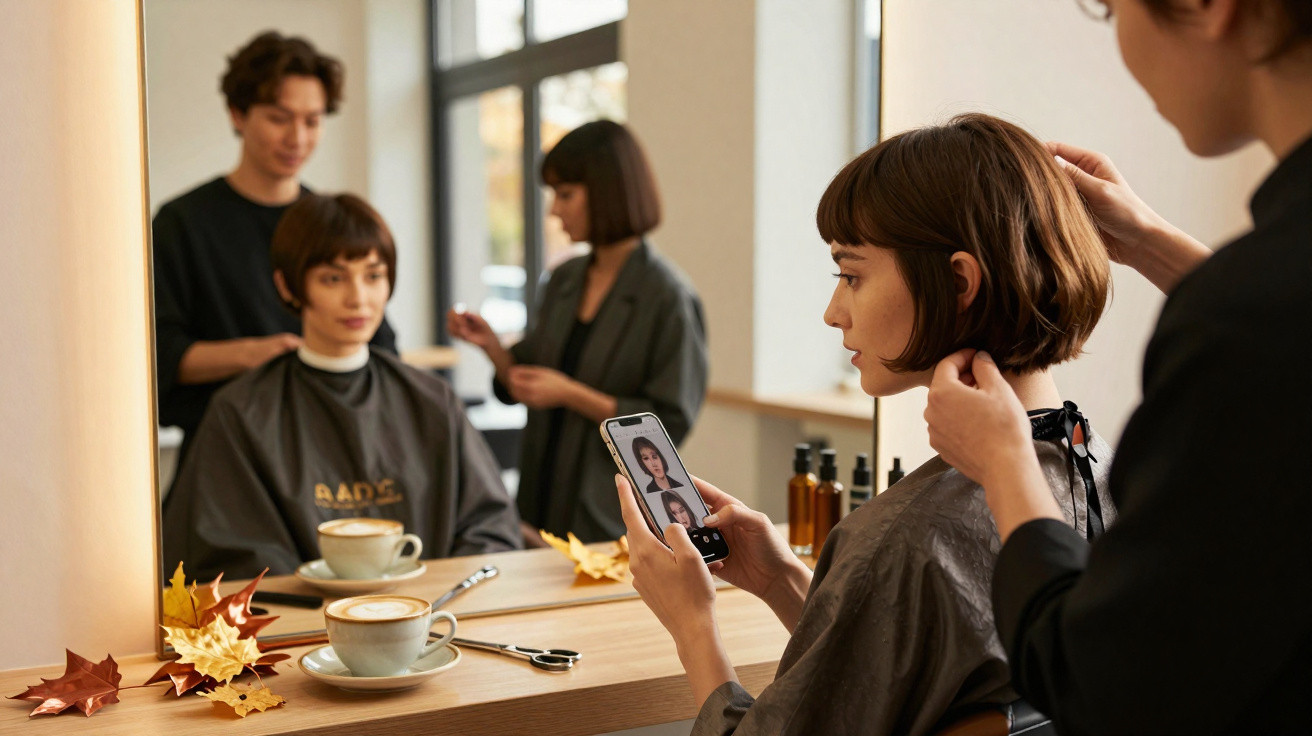 Frau im Friseursalon schaut auf Handy mit Haarstyle-Bildern, Friseur stylt ihre kurzen braunen Haare.