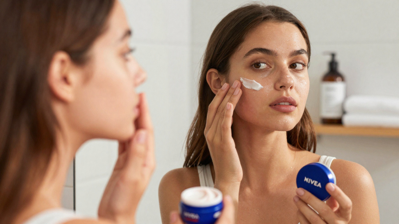 Junge Frau trägt im Badezimmer Gesichtscreme von Nivea auf ihre Wange auf und blickt in den Spiegel.