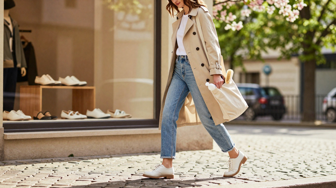 Frau in Trenchcoat und Jeans trägt Einkaufstasche mit Baguette beim Spaziergang vor Schaufenster mit Schuhen.