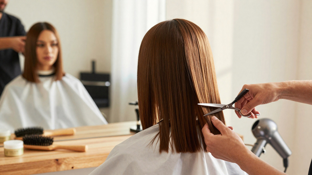 Frau mit braunen Haaren wird im Friseursalon von einem Friseur mit einer Schere geschnitten.