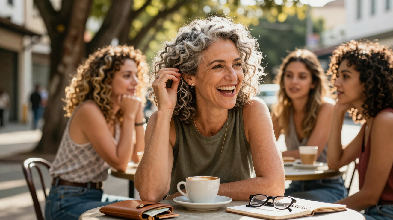 Vier Frauen verschiedener Altersgruppen sitzen entspannt im Straßencafé, lachen und genießen Kaffee im Sonnenschein.