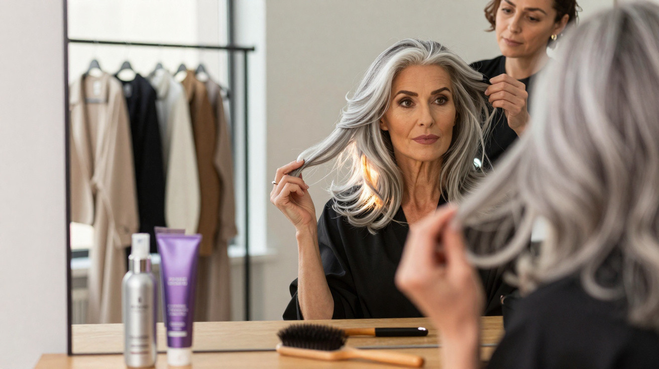Ältere Frau mit grauen Haaren wird im Friseursalon vor Spiegel von Stylistin frisiert.