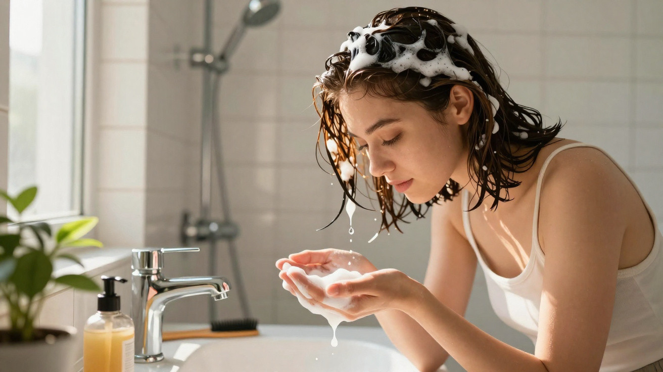 Frau wäscht sich die Haare mit Shampoo und hält Schaum in den Händen über einem Waschbecken.
