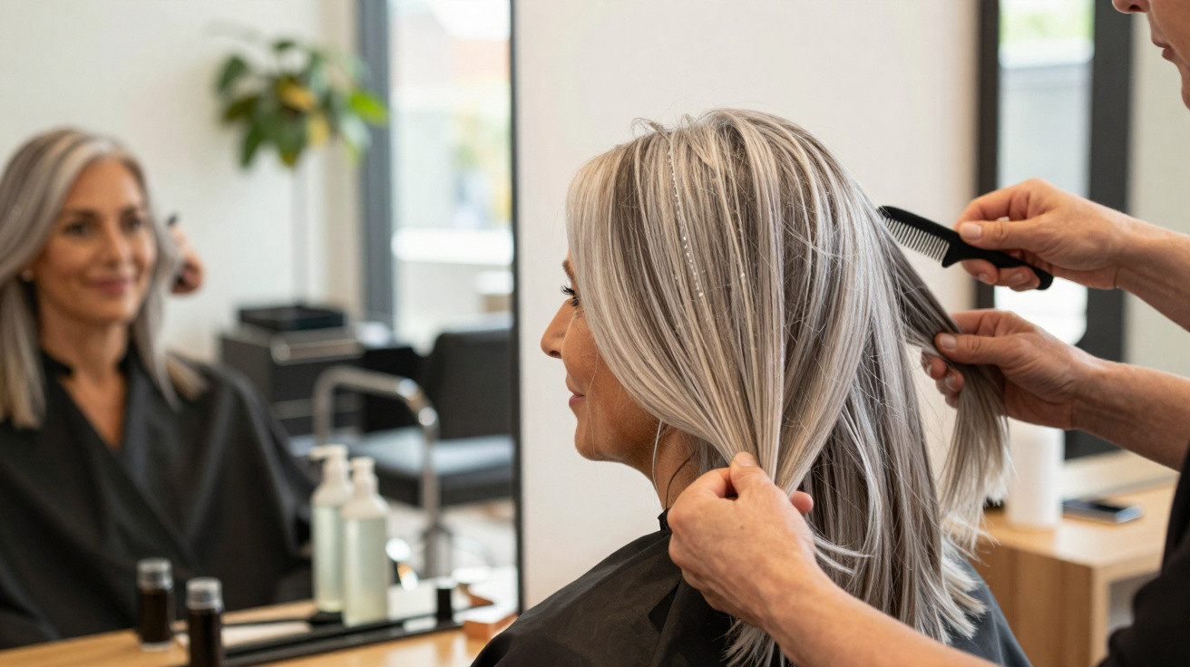 Frau mit grauem Haar wird im Friseursalon vor großem Spiegel gekämmt und gestylt.