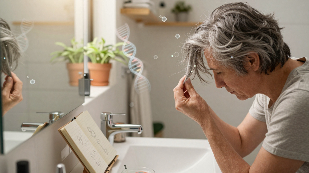 Ältere Frau betrachtet graue Haare im Badspiegel, DNA-Stränge symbolisieren genetische Ursachen für graues Haar.
