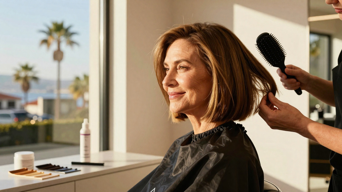 Frau sitzt lächelnd im Friseursalon, während ihr Haar von einer Person mit Bürste gepflegt wird.