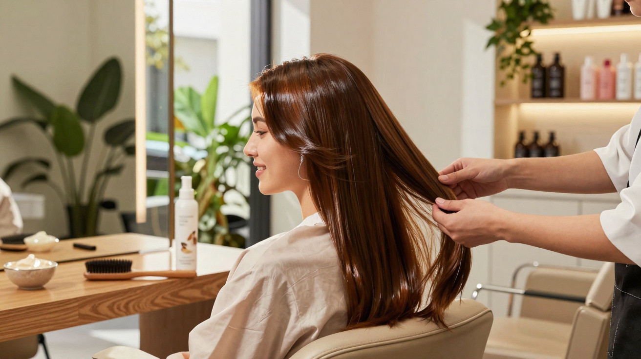 Frau mit langen braunen Haaren sitzt im Friseursalon, Friseur berührt sanft ihr Haar.