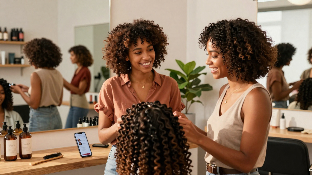 Zwei Frauen mit lockigem Haar beraten sich in einem Friseursalon vor einem Spiegel.