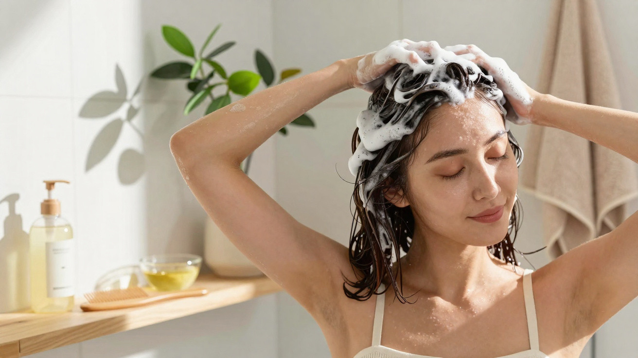 Frau wäscht sich mit Shampoo die Haare in einem hellen Badezimmer mit Pflanzen im Hintergrund.